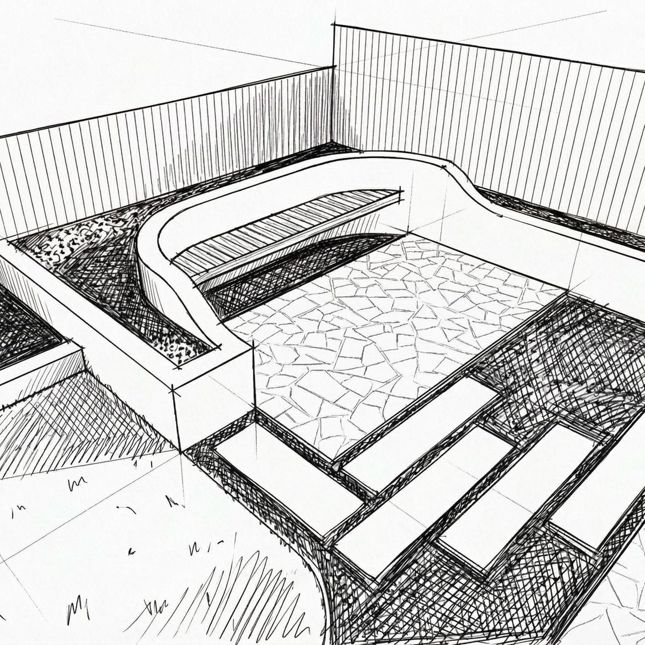 A line sketch of a curved garden concept, drawn before construction