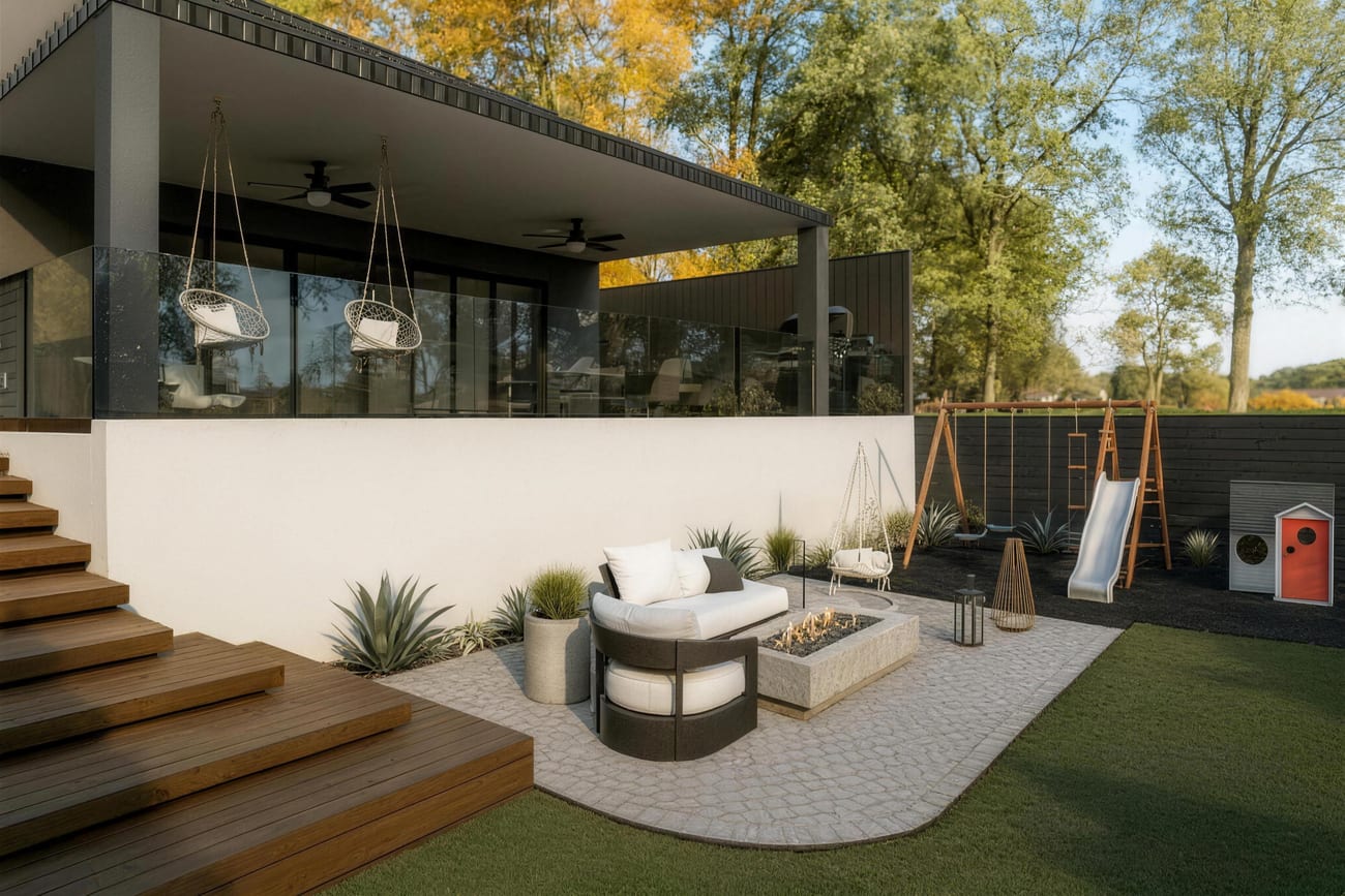 A completed backyard with a raised timber deck, hanging chairs, a firepit set into pale crazy paving and a childrens play area