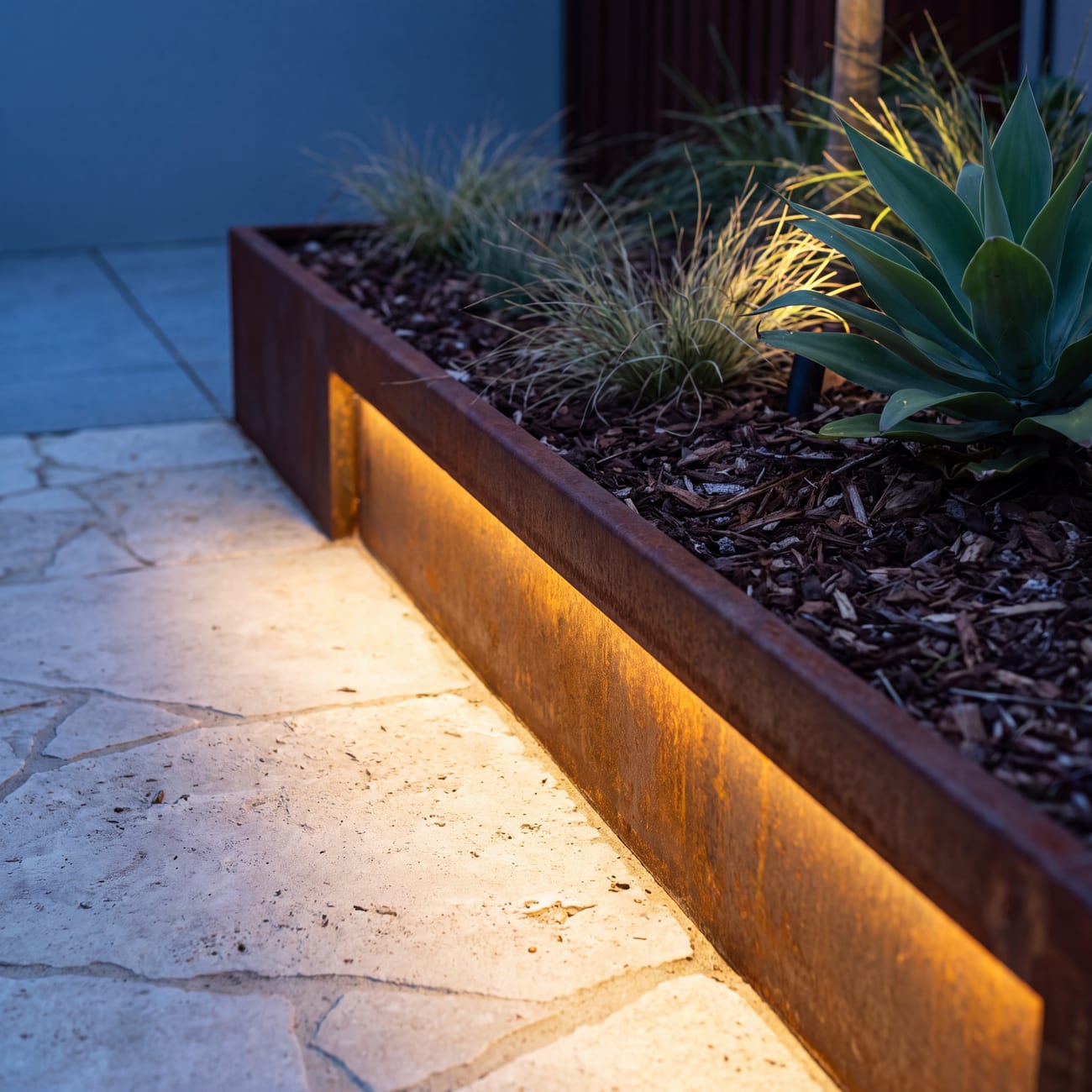 A weathered steel garden edge lit by a recessed warm strip at dusk